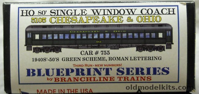 Branchline Trains 1/87 Blueprint Series HO Heavyweight Passenger Coach 80 Foot Single Window Chesapeake & Ohio (C&O) Car #755 1940s/1950s, 5105-755 plastic model kit